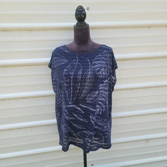 Gap Top Blouse Womens Tropical Leaf Sleeveless Navy Blue White Sheer Sz XL - Picture 1 of 8